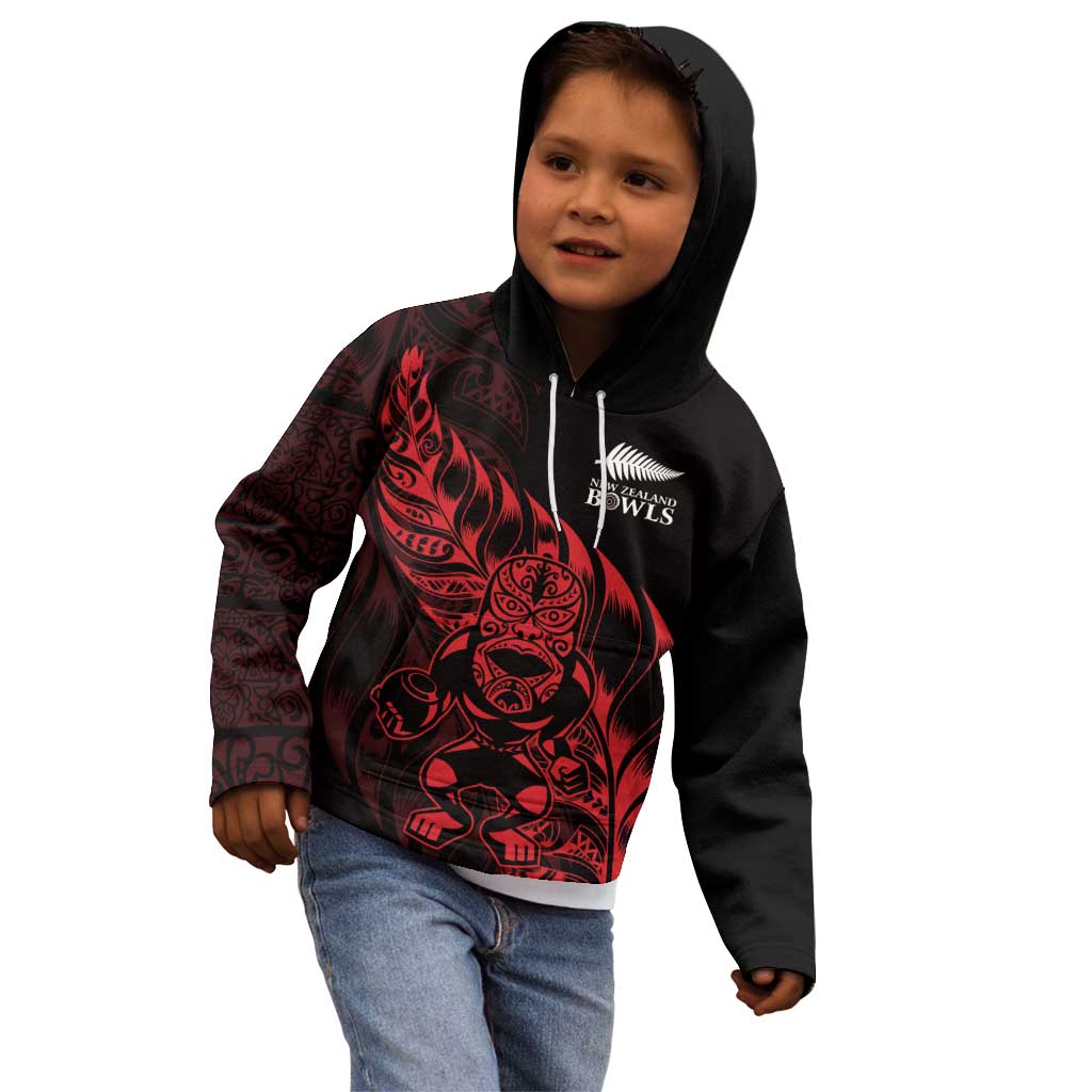 New Zealand Lawn Bowls Custom Kid Hoodie Red Maori Warrior Tribal Silver Fern - Vibe Hoodie
