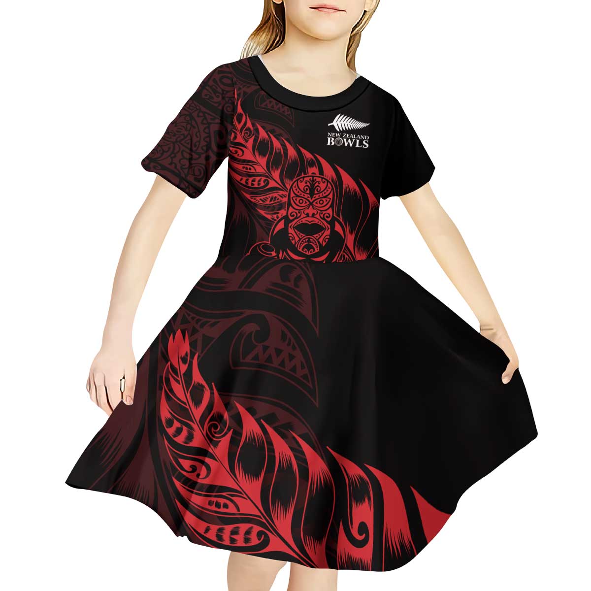 New Zealand Lawn Bowls Custom Kid Short Sleeve Dress Red Maori Warrior Tribal Silver Fern - Vibe Hoodie