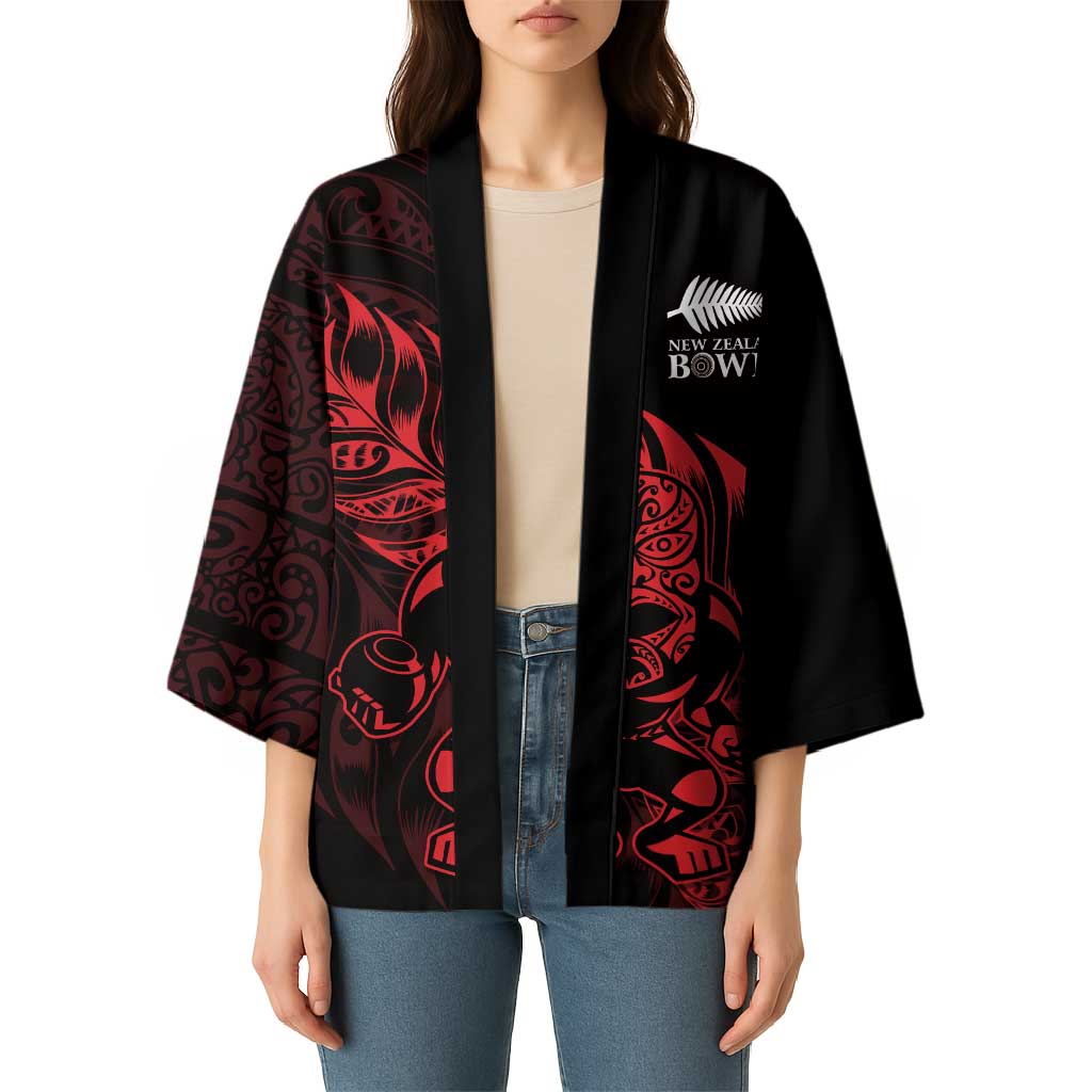 New Zealand Lawn Bowls Custom Kimono Red Maori Warrior Tribal Silver Fern - Vibe Hoodie