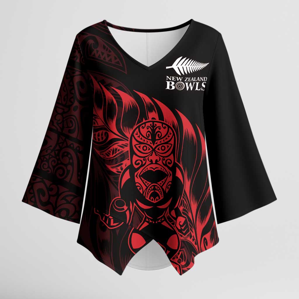 New Zealand Lawn Bowls Custom Kimono Sleeve Blouse Red Maori Warrior Tribal Silver Fern - Vibe Hoodie