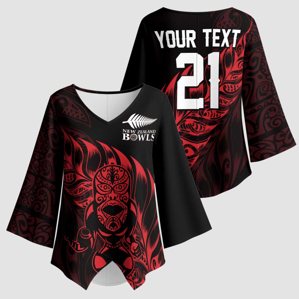 New Zealand Lawn Bowls Custom Kimono Sleeve Blouse Red Maori Warrior Tribal Silver Fern - Vibe Hoodie