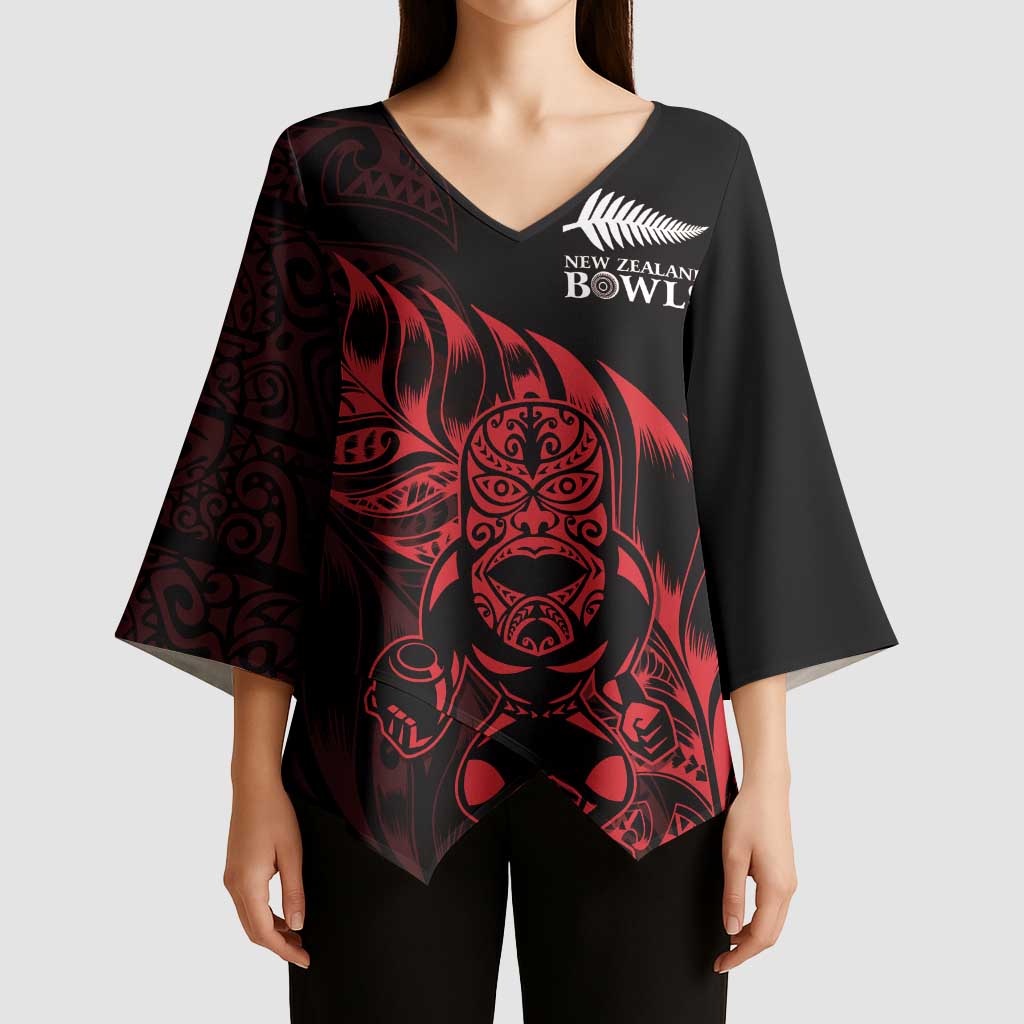 New Zealand Lawn Bowls Custom Kimono Sleeve Blouse Red Maori Warrior Tribal Silver Fern - Vibe Hoodie