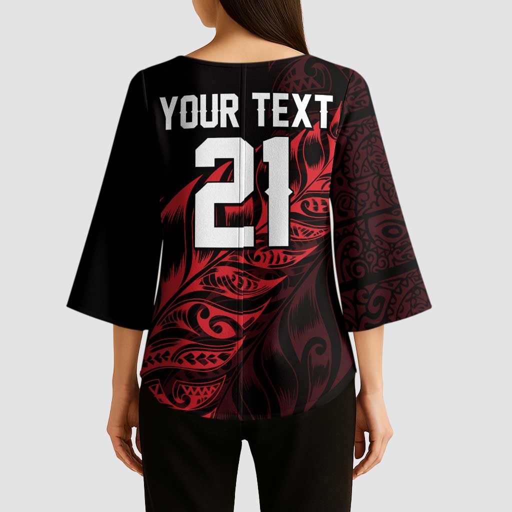 New Zealand Lawn Bowls Custom Kimono Sleeve Blouse Red Maori Warrior Tribal Silver Fern - Vibe Hoodie