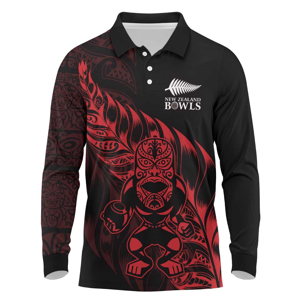 New Zealand Lawn Bowls Custom Long Sleeve Polo Shirt Red Maori Warrior Tribal Silver Fern - Vibe Hoodie