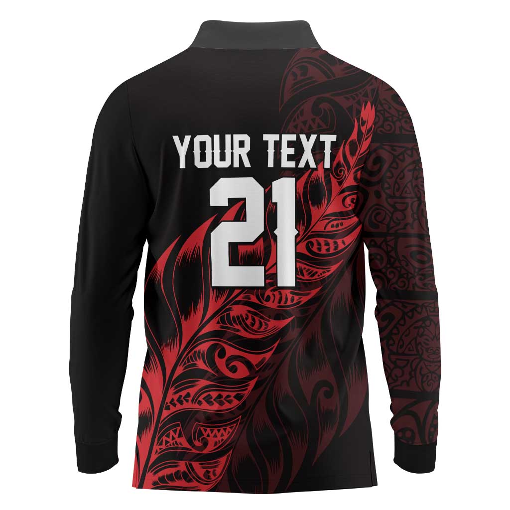 New Zealand Lawn Bowls Custom Long Sleeve Polo Shirt Red Maori Warrior Tribal Silver Fern - Vibe Hoodie