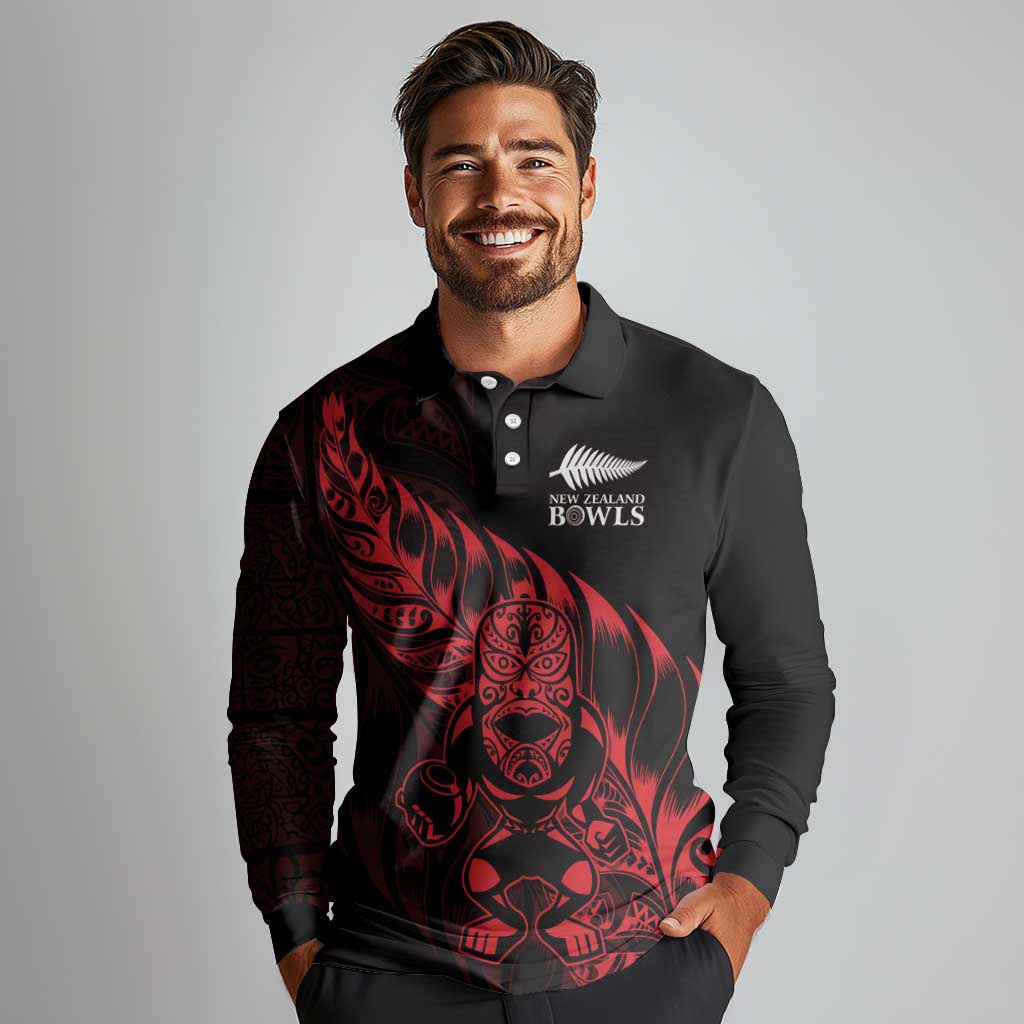 New Zealand Lawn Bowls Custom Long Sleeve Polo Shirt Red Maori Warrior Tribal Silver Fern - Vibe Hoodie