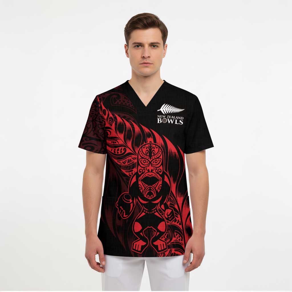 New Zealand Lawn Bowls Custom Scrub Top Red Maori Warrior Tribal Silver Fern - Vibe Hoodie