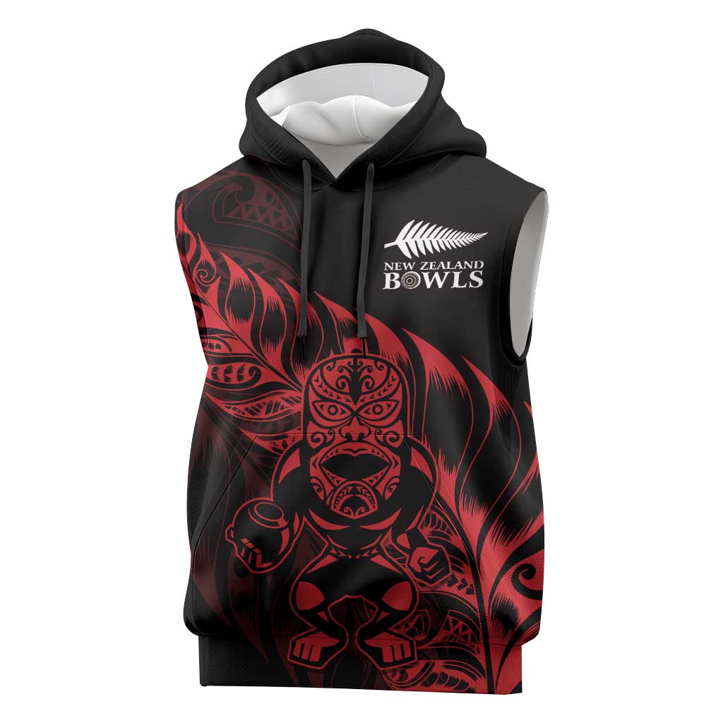 New Zealand Lawn Bowls Custom Sleeveless Hoodie Red Maori Warrior Tribal Silver Fern - Vibe Hoodie