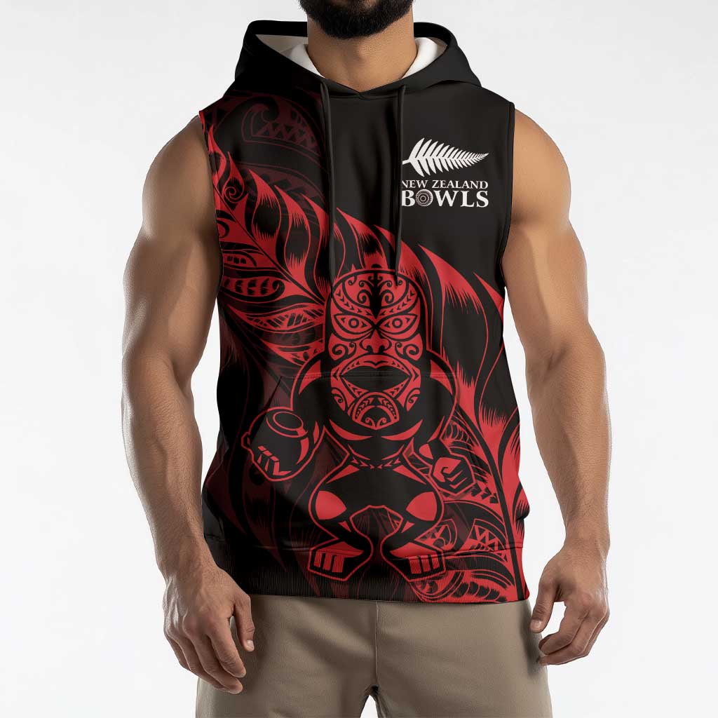 New Zealand Lawn Bowls Custom Sleeveless Hoodie Red Maori Warrior Tribal Silver Fern - Vibe Hoodie