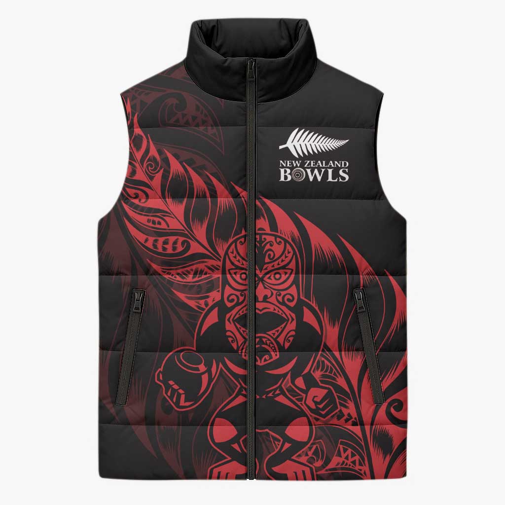 New Zealand Lawn Bowls Custom Sleeveless Puffer Jacket Red Maori Warrior Tribal Silver Fern - Vibe Hoodie