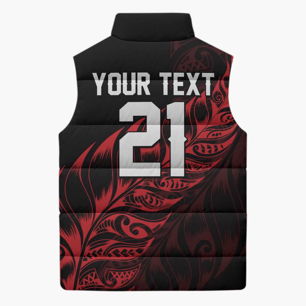 New Zealand Lawn Bowls Custom Sleeveless Puffer Jacket Red Maori Warrior Tribal Silver Fern - Vibe Hoodie