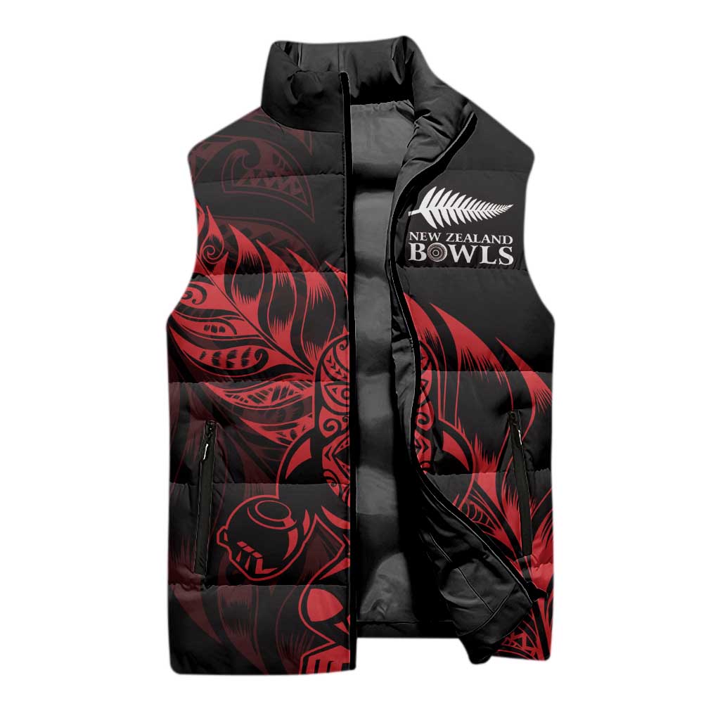 New Zealand Lawn Bowls Custom Sleeveless Puffer Jacket Red Maori Warrior Tribal Silver Fern - Vibe Hoodie