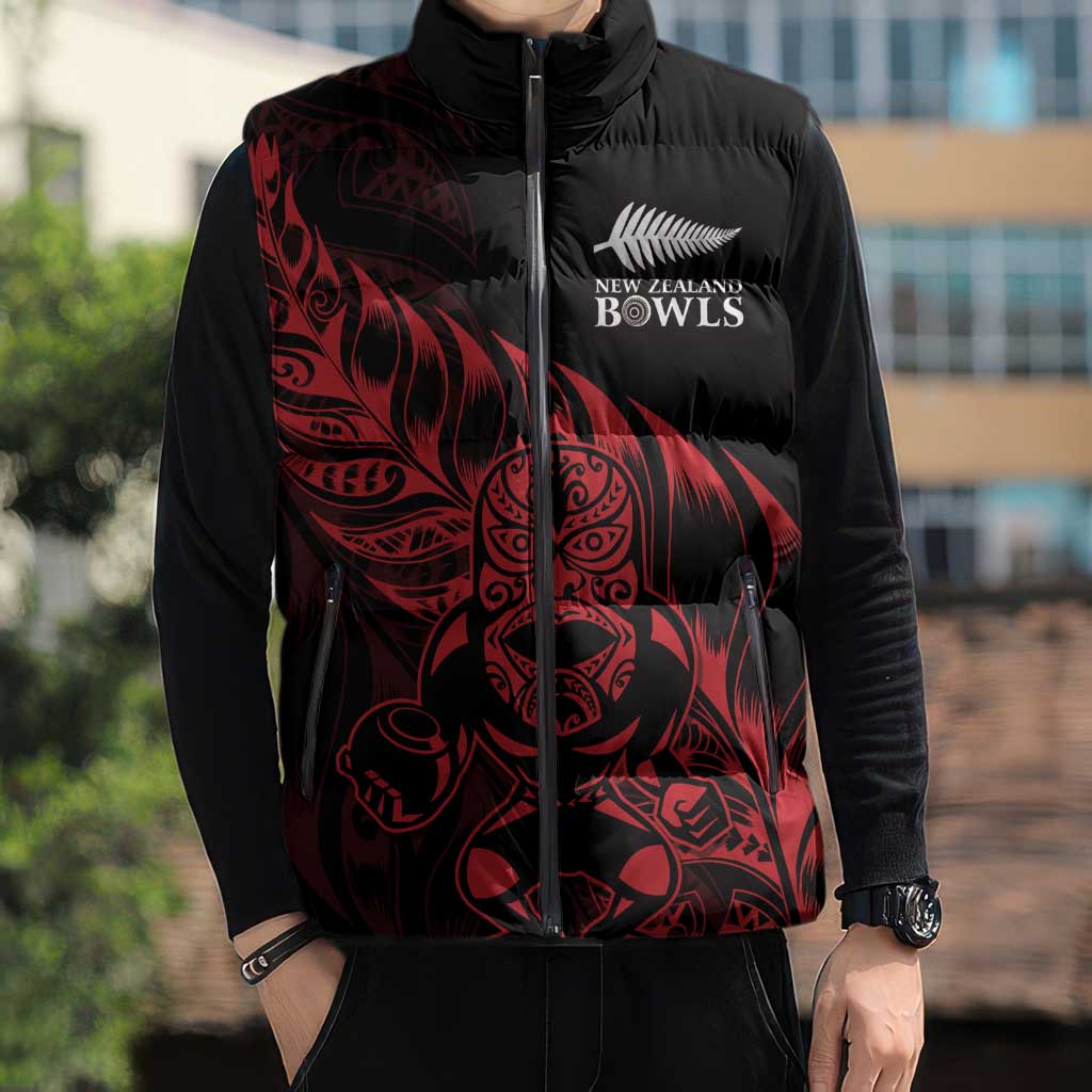 New Zealand Lawn Bowls Custom Sleeveless Puffer Jacket Red Maori Warrior Tribal Silver Fern - Vibe Hoodie