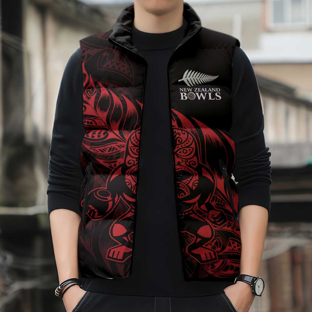 New Zealand Lawn Bowls Custom Sleeveless Puffer Jacket Red Maori Warrior Tribal Silver Fern - Vibe Hoodie