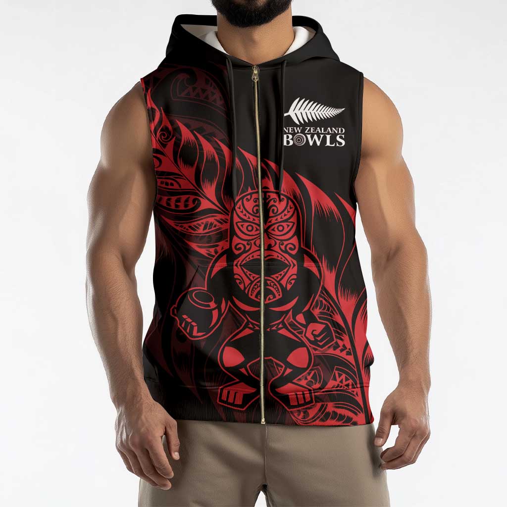 New Zealand Lawn Bowls Custom Sleeveless Zip Hoodie Red Maori Warrior Tribal Silver Fern - Vibe Hoodie