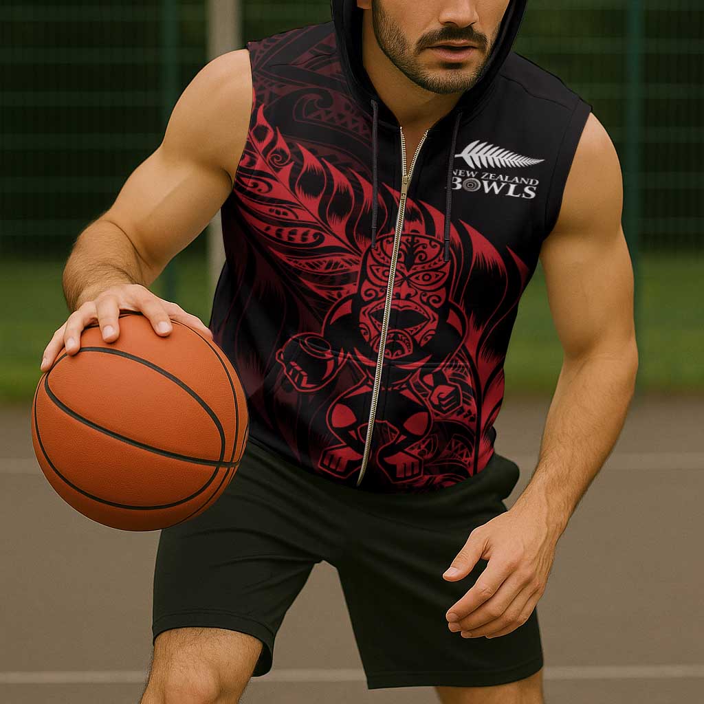 New Zealand Lawn Bowls Custom Sleeveless Zip Hoodie Red Maori Warrior Tribal Silver Fern - Vibe Hoodie