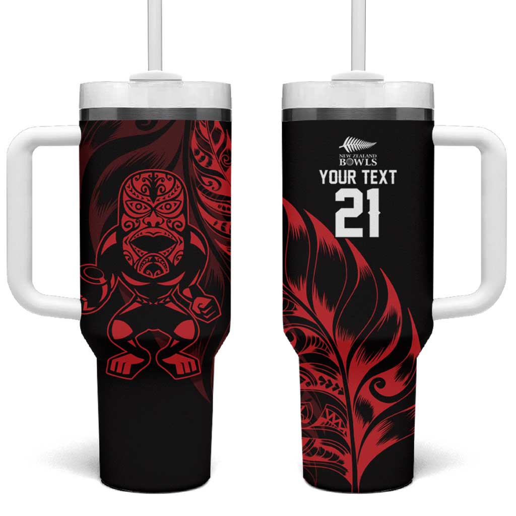 New Zealand Lawn Bowls Custom Tumbler With Handle Red Maori Warrior Tribal Silver Fern - Vibe Hoodie
