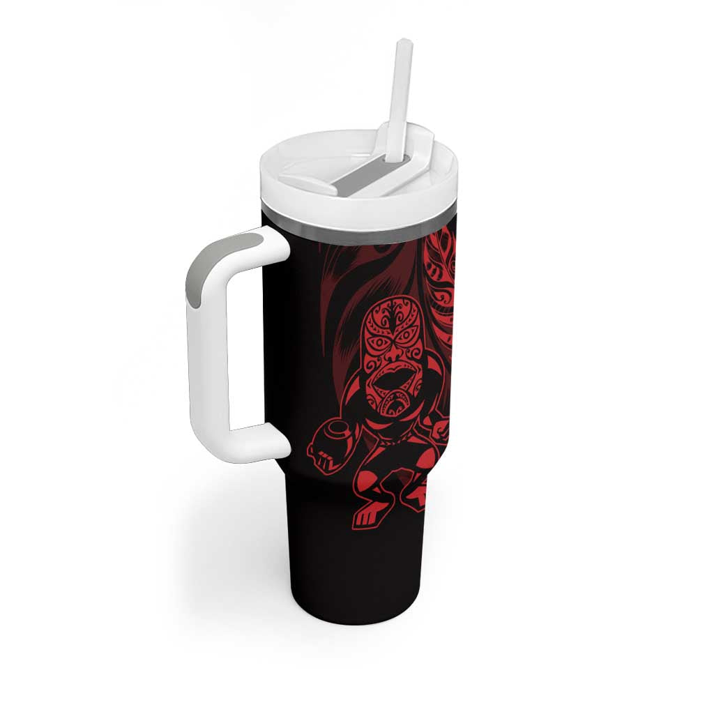 New Zealand Lawn Bowls Custom Tumbler With Handle Red Maori Warrior Tribal Silver Fern - Vibe Hoodie