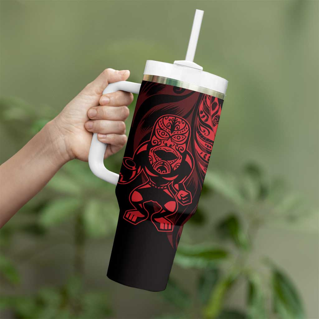 New Zealand Lawn Bowls Custom Tumbler With Handle Red Maori Warrior Tribal Silver Fern - Vibe Hoodie