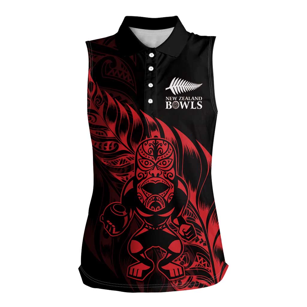 New Zealand Lawn Bowls Custom Women Sleeveless Polo Shirt Red Maori Warrior Tribal Silver Fern - Vibe Hoodie