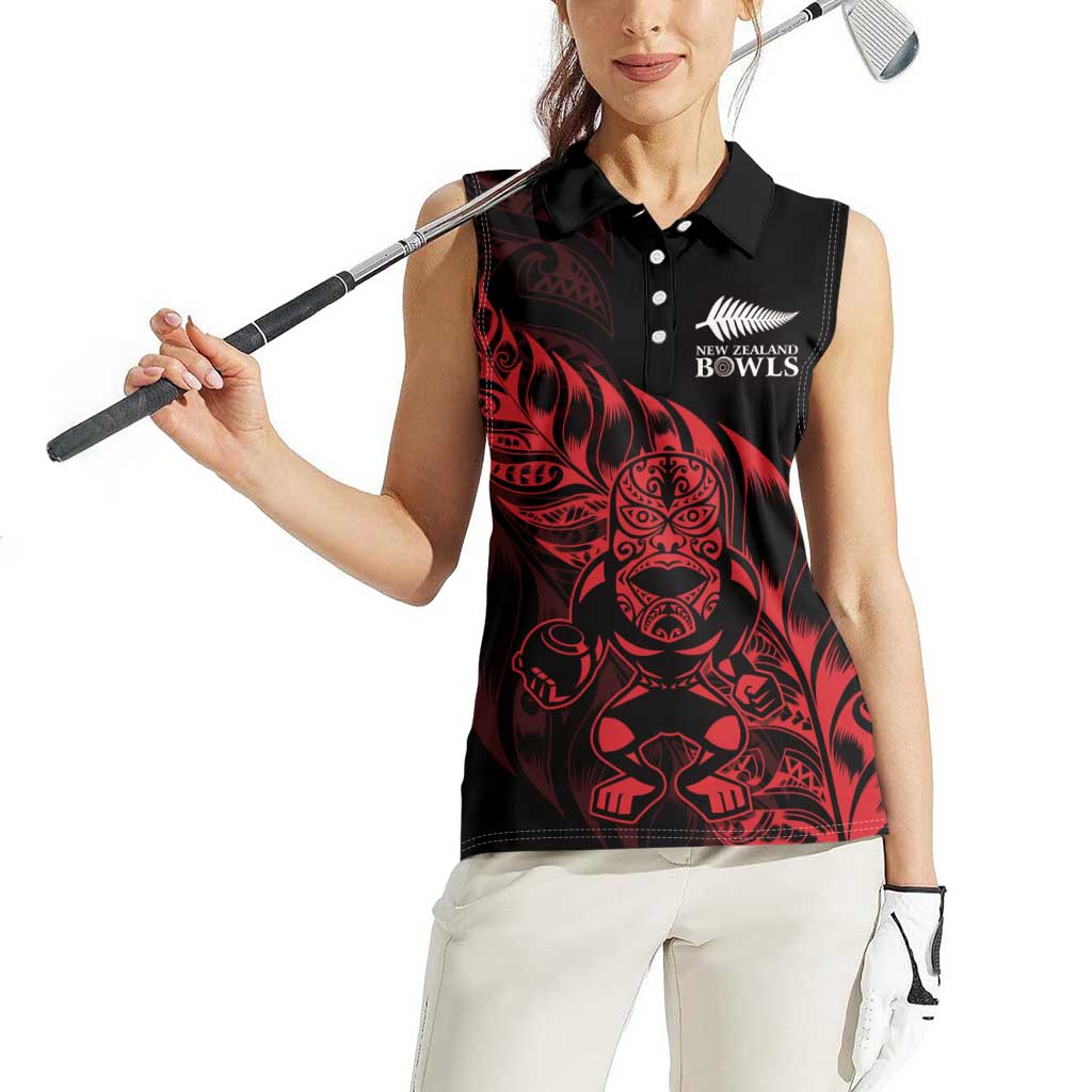 New Zealand Lawn Bowls Custom Women Sleeveless Polo Shirt Red Maori Warrior Tribal Silver Fern - Vibe Hoodie