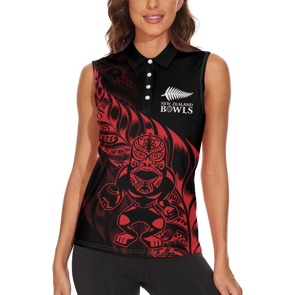 New Zealand Lawn Bowls Custom Women Sleeveless Polo Shirt Red Maori Warrior Tribal Silver Fern - Vibe Hoodie
