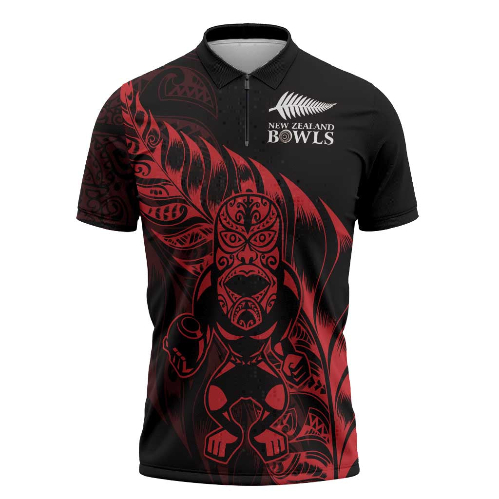 New Zealand Lawn Bowls Custom Zipper Polo Shirt Red Maori Warrior Tribal Silver Fern - Vibe Hoodie