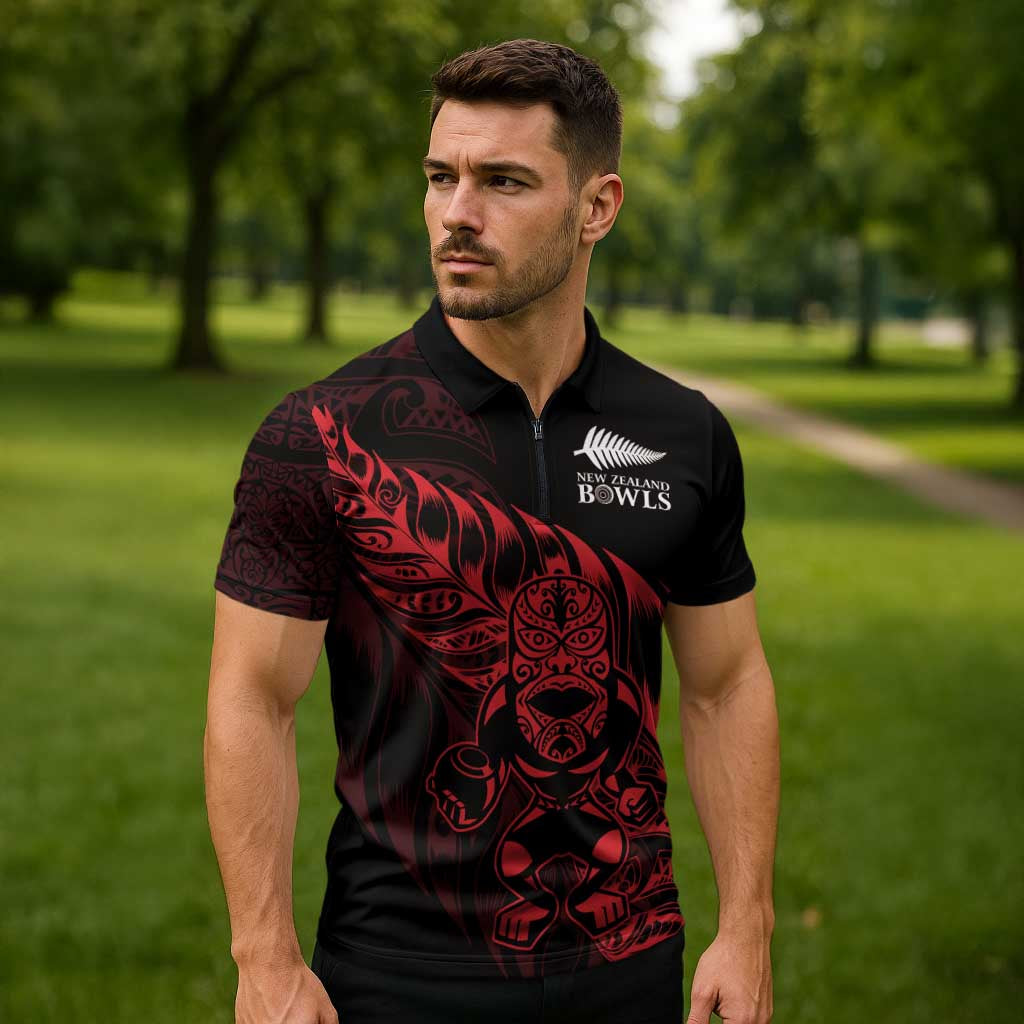 New Zealand Lawn Bowls Custom Zipper Polo Shirt Red Maori Warrior Tribal Silver Fern - Vibe Hoodie