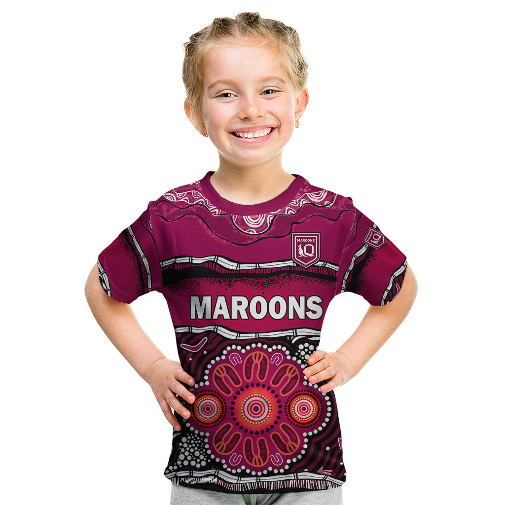 (Custom Text And Number) Maroons Rugby Kid T Shirt Aboriginal Queensland State of Origin - Vibe Hoodie Shop