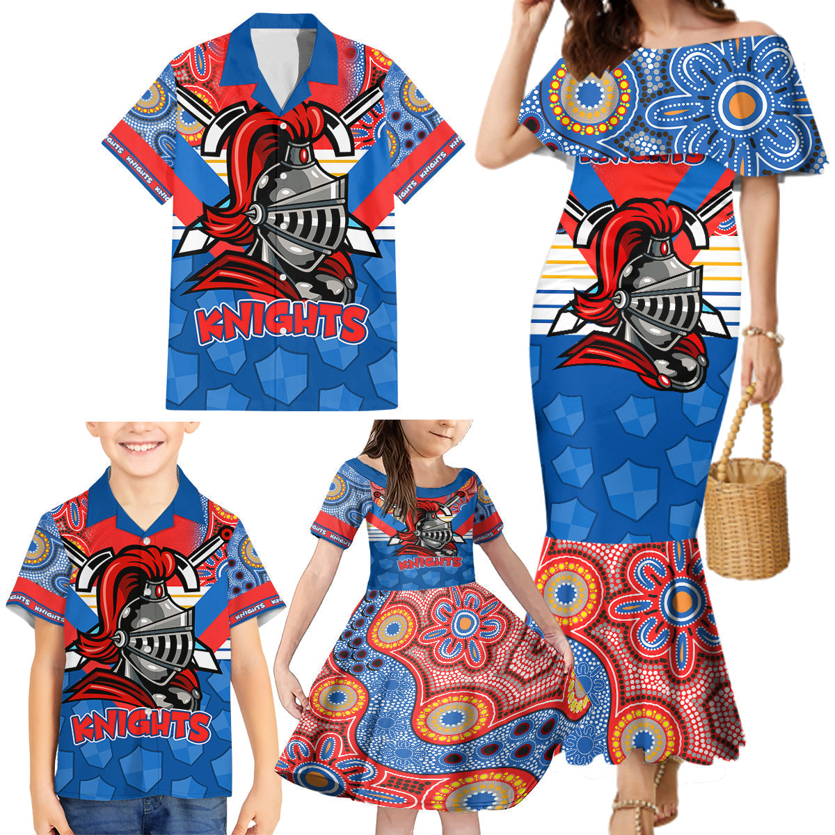 nrl-knight-family-matching-mermaid-dress-and-hawaiian-shirt-proud-newcastle-aboriginal-vibe