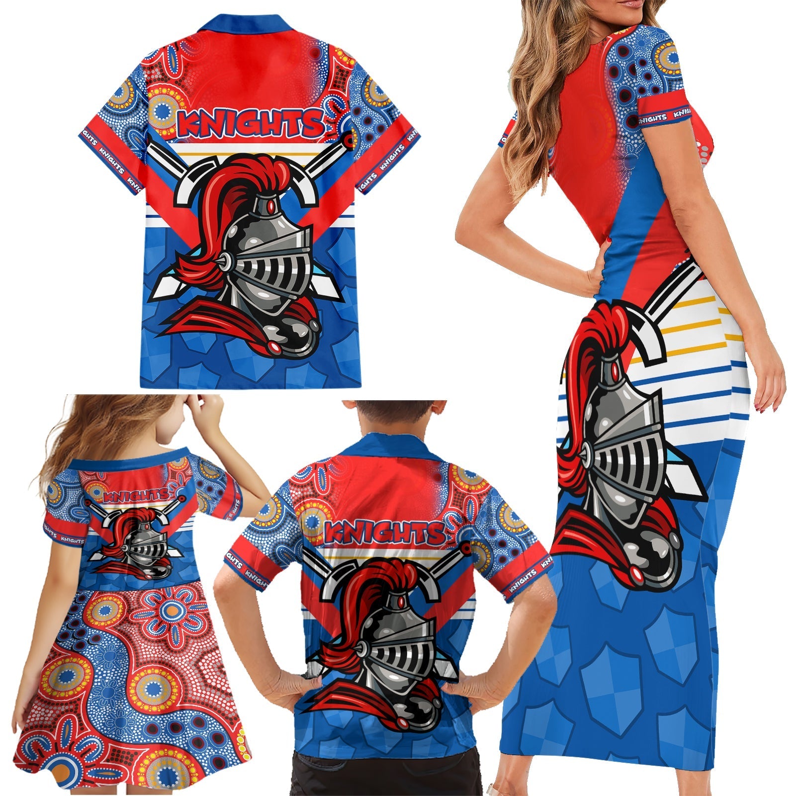 nrl-knight-family-matching-short-sleeve-bodycon-dress-and-hawaiian-shirt-proud-newcastle-aboriginal-vibe