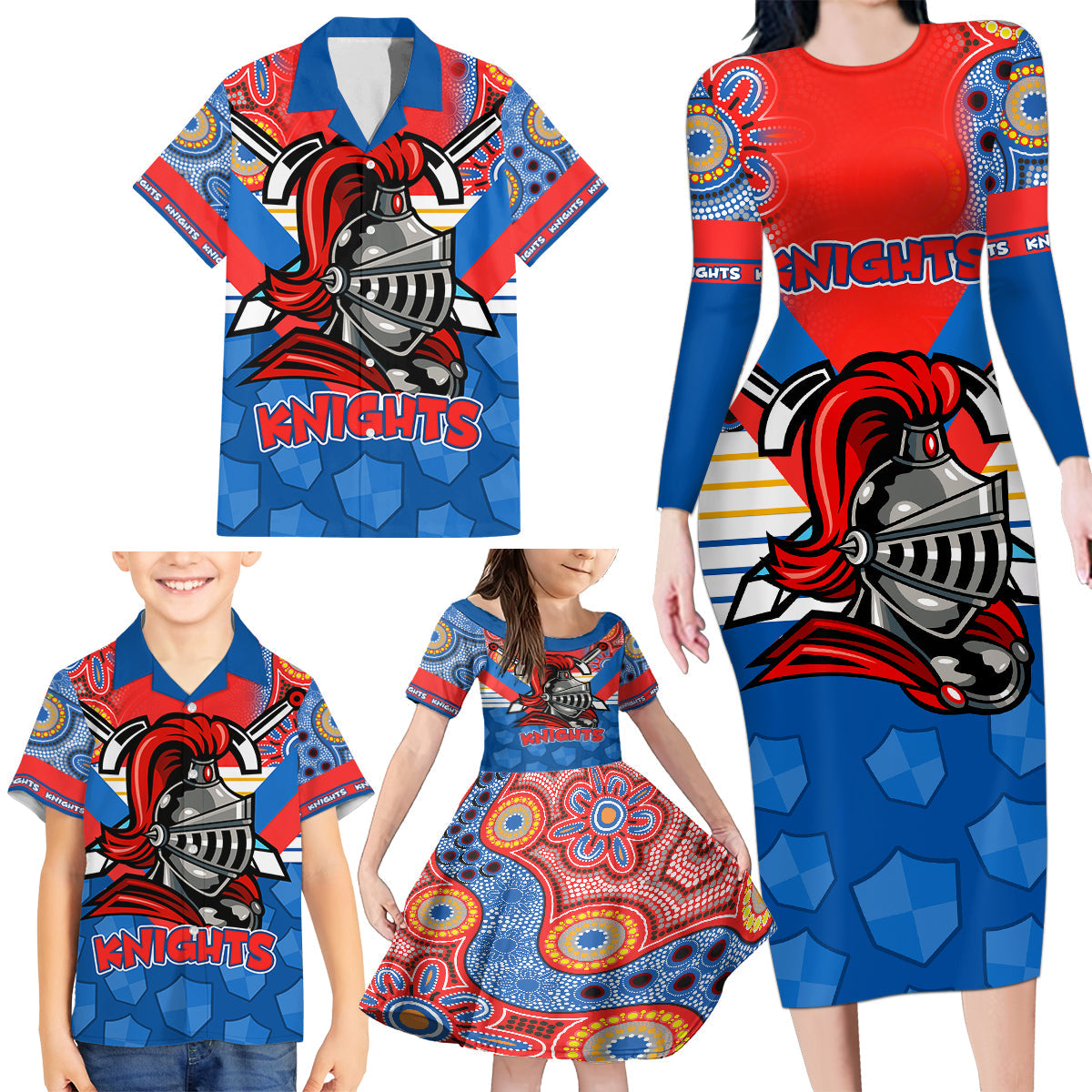 custom-nrl-knight-family-matching-long-sleeve-bodycon-dress-and-hawaiian-shirt-proud-newcastle-aboriginal-vibe