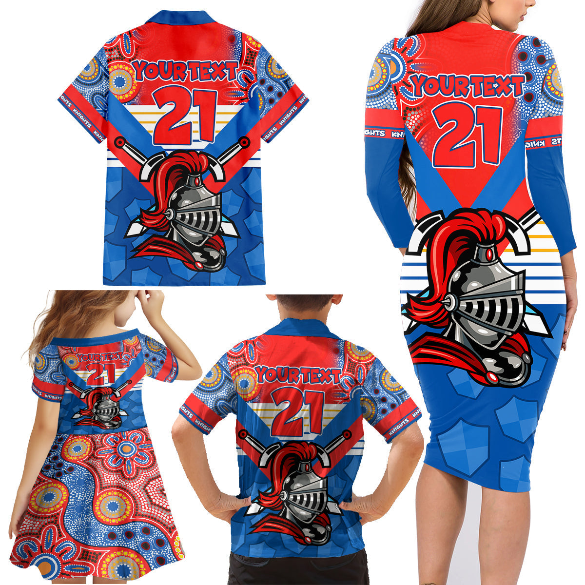 custom-nrl-knight-family-matching-long-sleeve-bodycon-dress-and-hawaiian-shirt-proud-newcastle-aboriginal-vibe