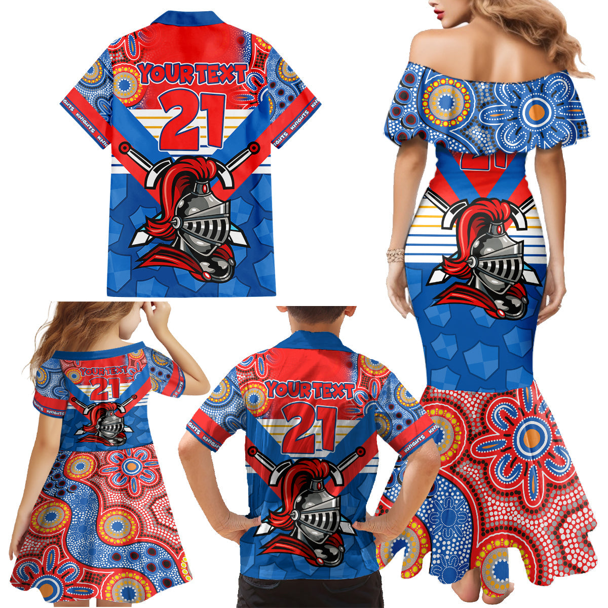 custom-nrl-knight-family-matching-mermaid-dress-and-hawaiian-shirt-proud-newcastle-aboriginal-vibe