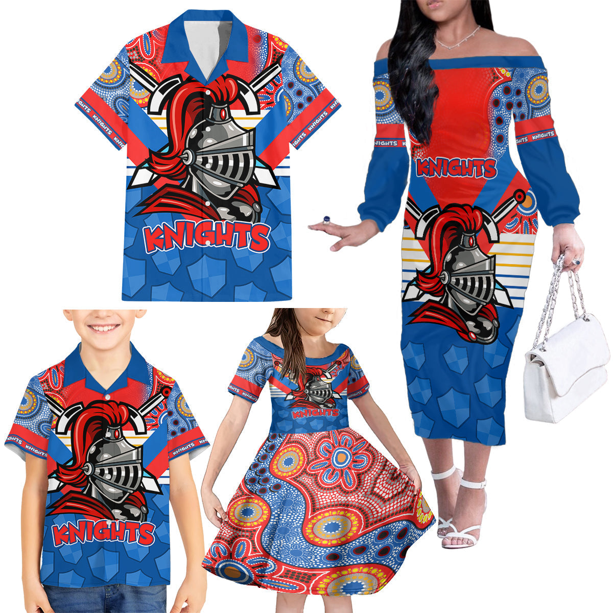 custom-nrl-knight-family-matching-off-shoulder-long-sleeve-dress-and-hawaiian-shirt-proud-newcastle-aboriginal-vibe