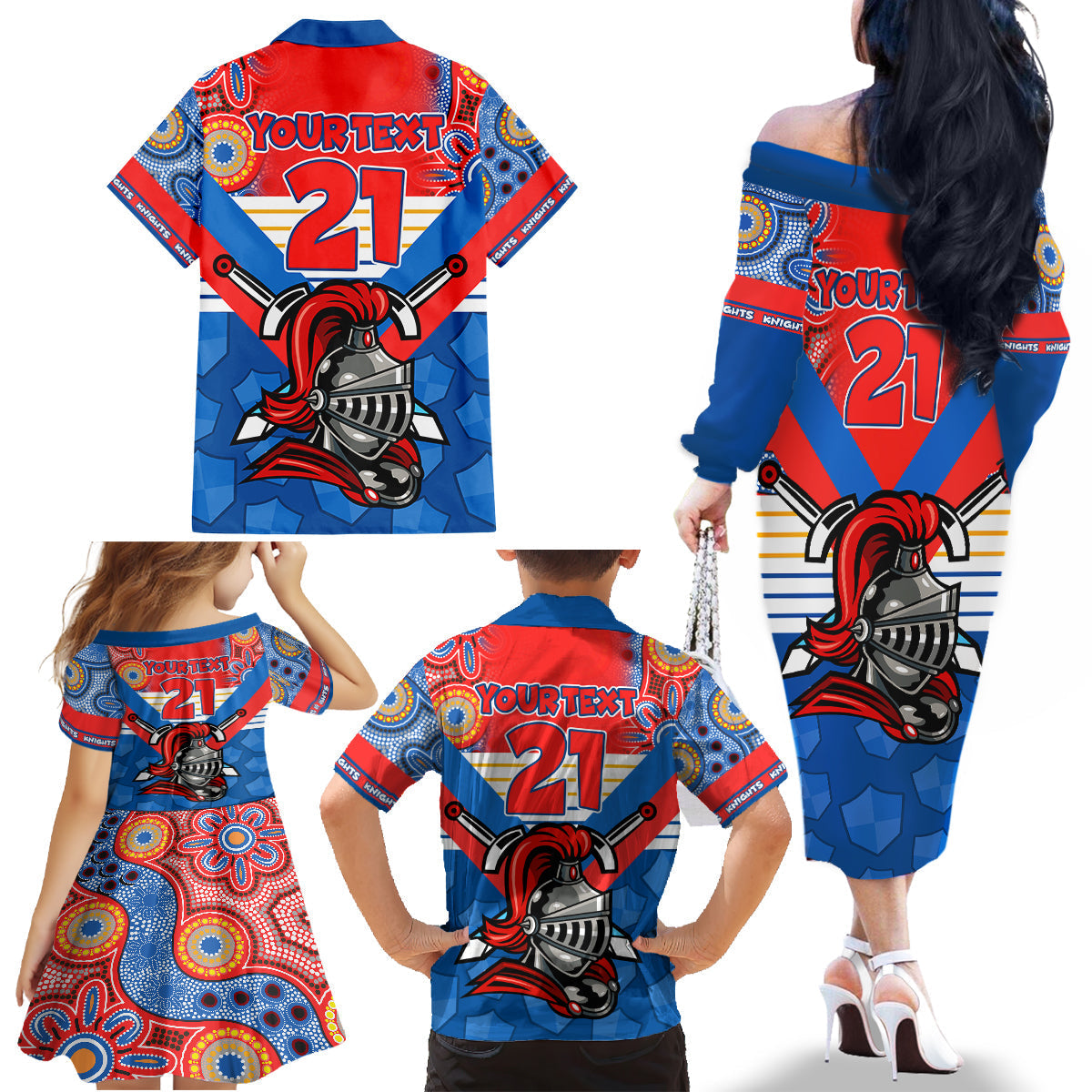 custom-nrl-knight-family-matching-off-shoulder-long-sleeve-dress-and-hawaiian-shirt-proud-newcastle-aboriginal-vibe