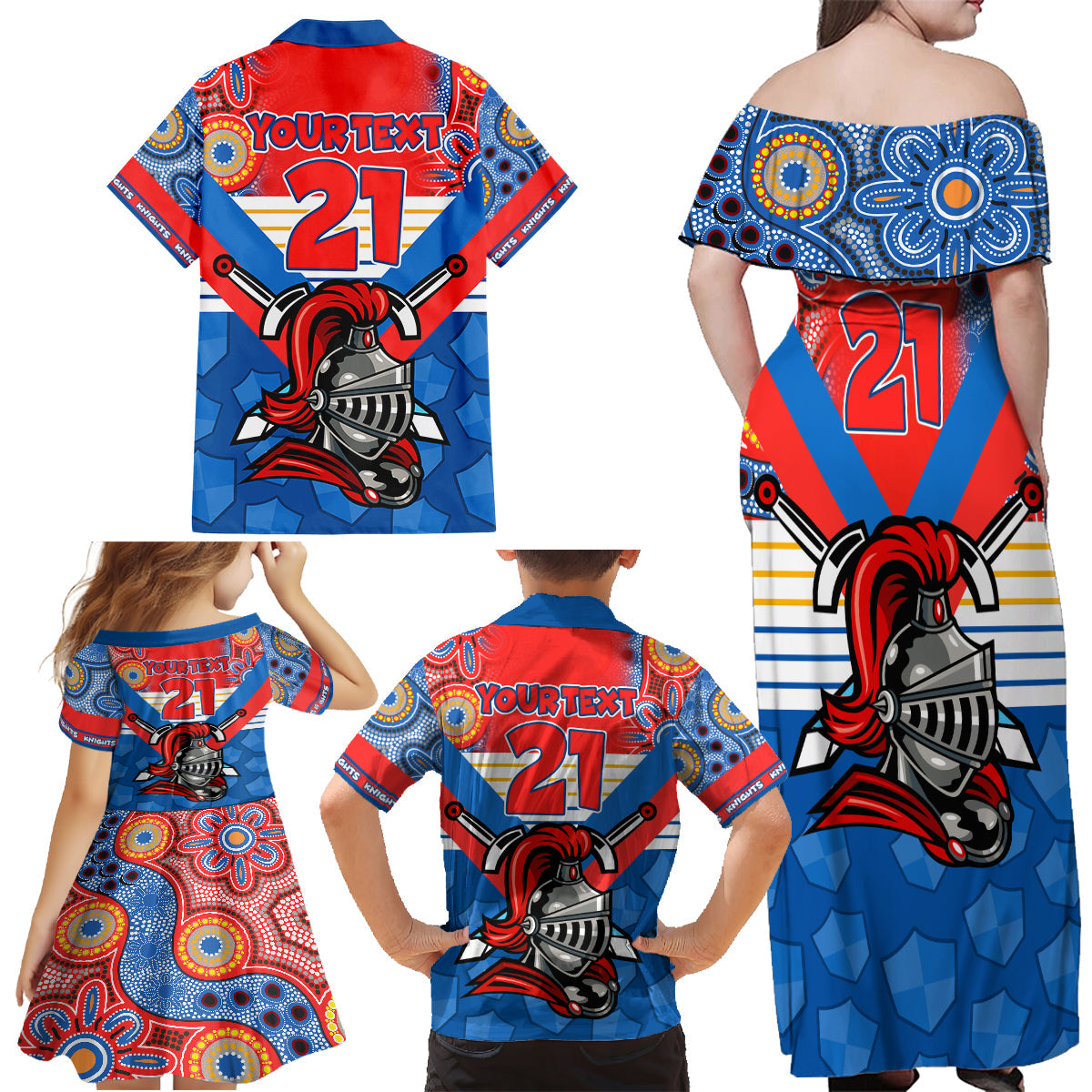 custom-nrl-knight-family-matching-off-shoulder-maxi-dress-and-hawaiian-shirt-proud-newcastle-aboriginal-vibe