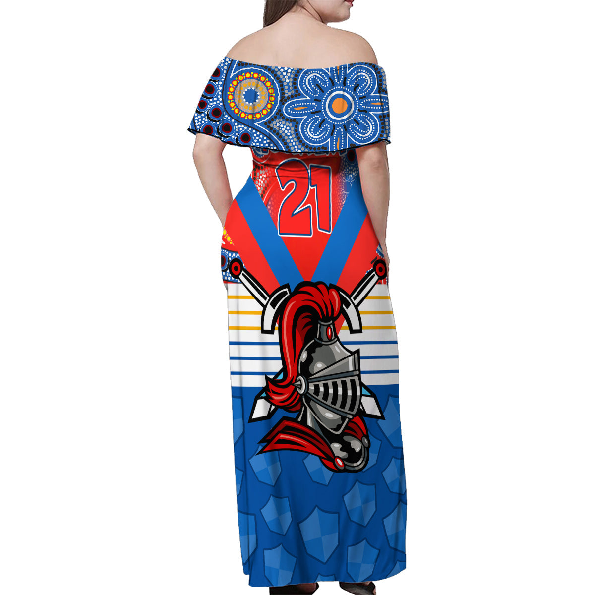 custom-nrl-knight-family-matching-off-shoulder-maxi-dress-and-hawaiian-shirt-proud-newcastle-aboriginal-vibe