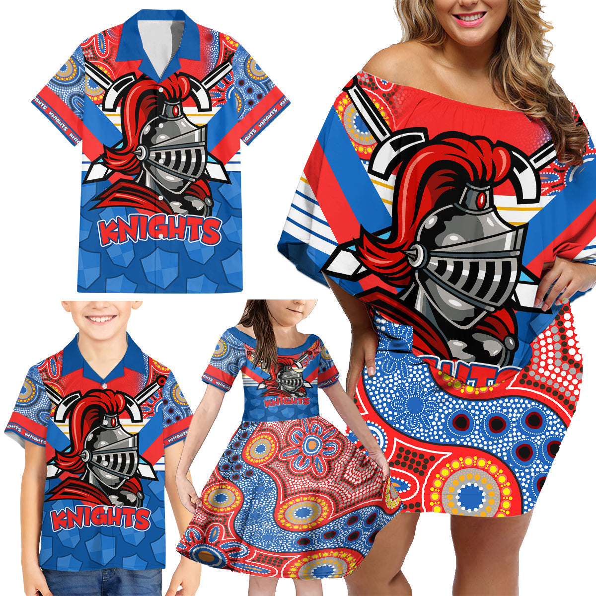 custom-nrl-knight-family-matching-off-shoulder-short-dress-and-hawaiian-shirt-proud-newcastle-aboriginal-vibe