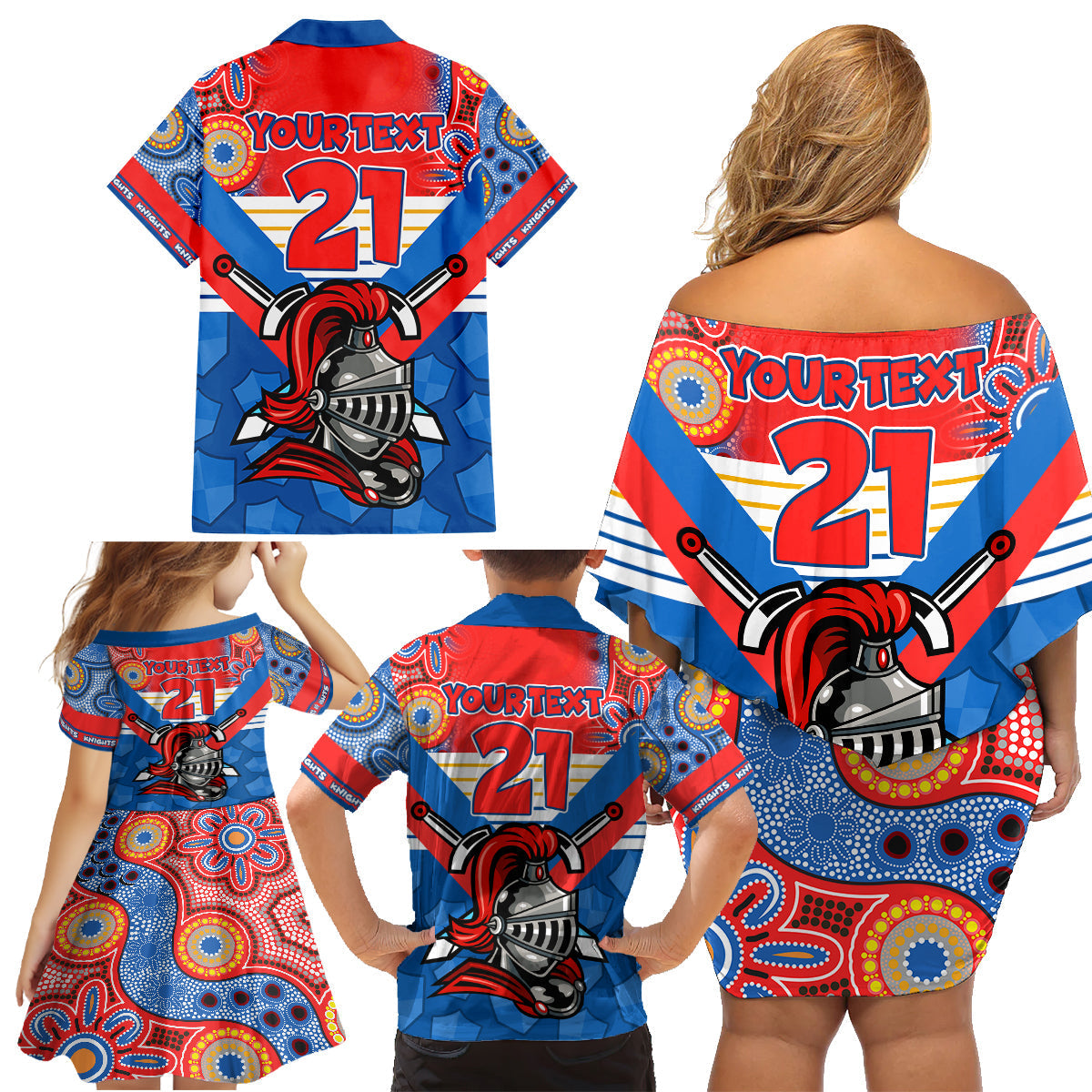 custom-nrl-knight-family-matching-off-shoulder-short-dress-and-hawaiian-shirt-proud-newcastle-aboriginal-vibe