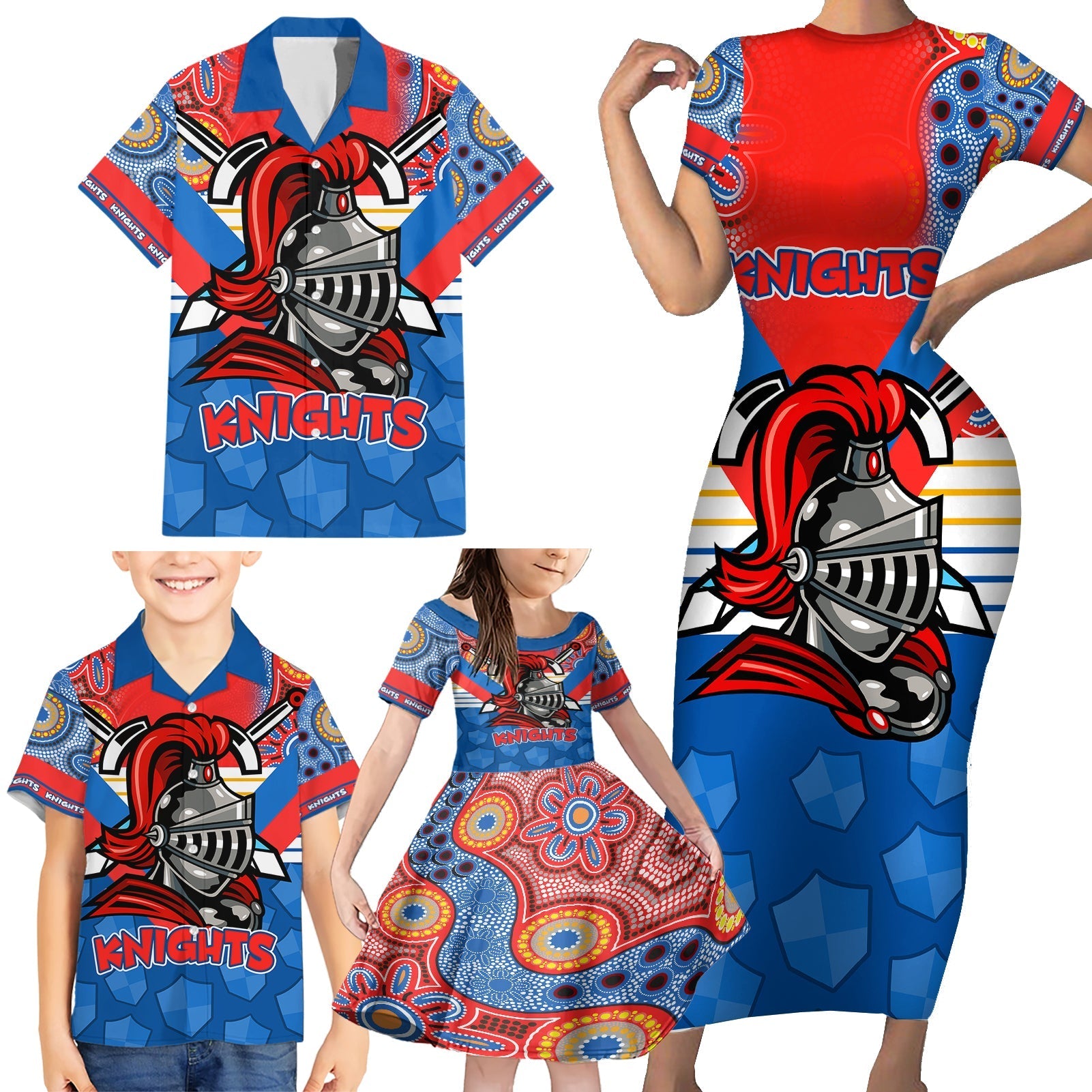 custom-nrl-knight-family-matching-short-sleeve-bodycon-dress-and-hawaiian-shirt-proud-newcastle-aboriginal-vibe