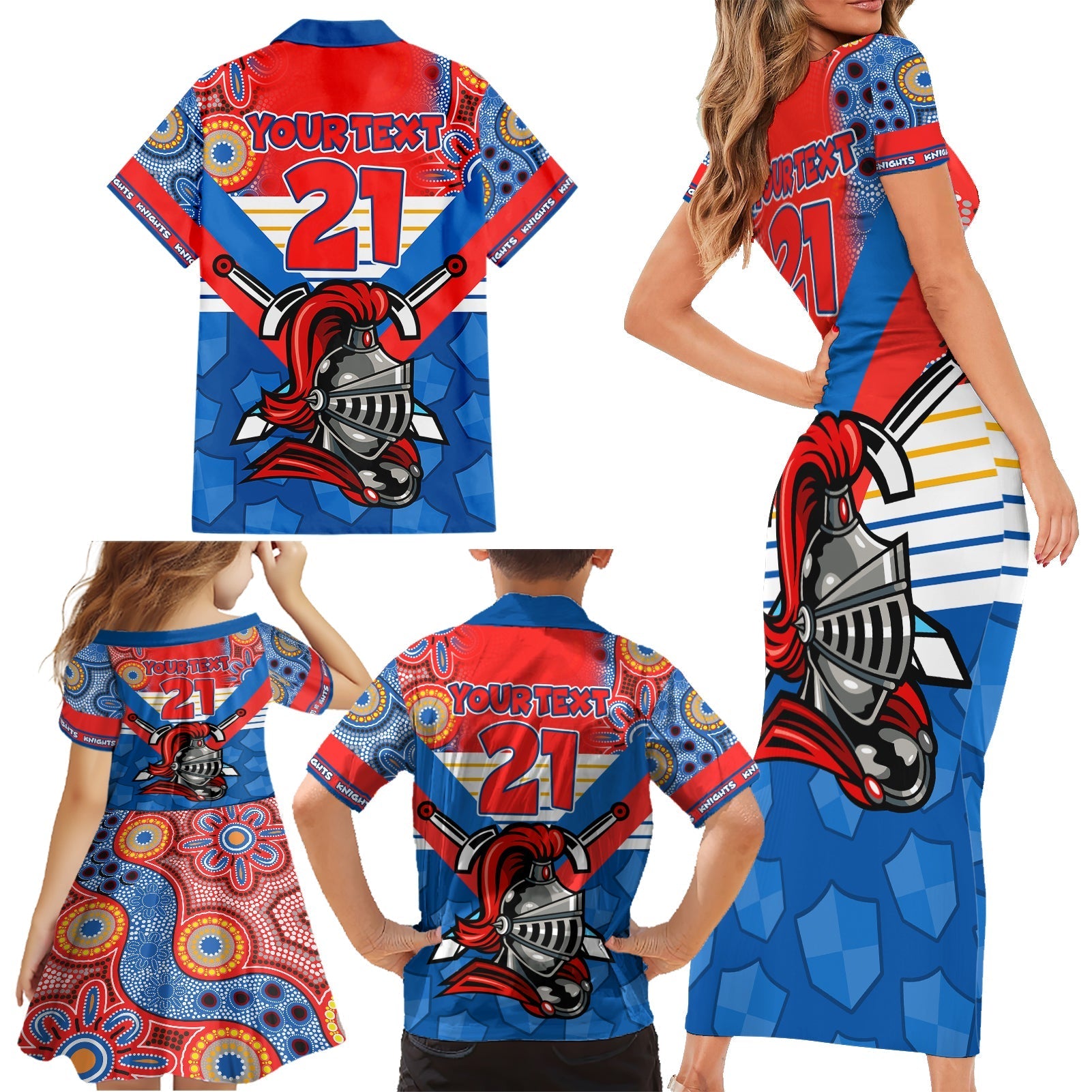 custom-nrl-knight-family-matching-short-sleeve-bodycon-dress-and-hawaiian-shirt-proud-newcastle-aboriginal-vibe