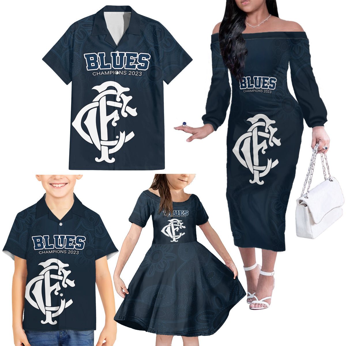 afl-blues-champions-2023-family-matching-off-shoulder-long-sleeve-dress-and-hawaiian-shirt-proud-carlton-aboriginal-vibe