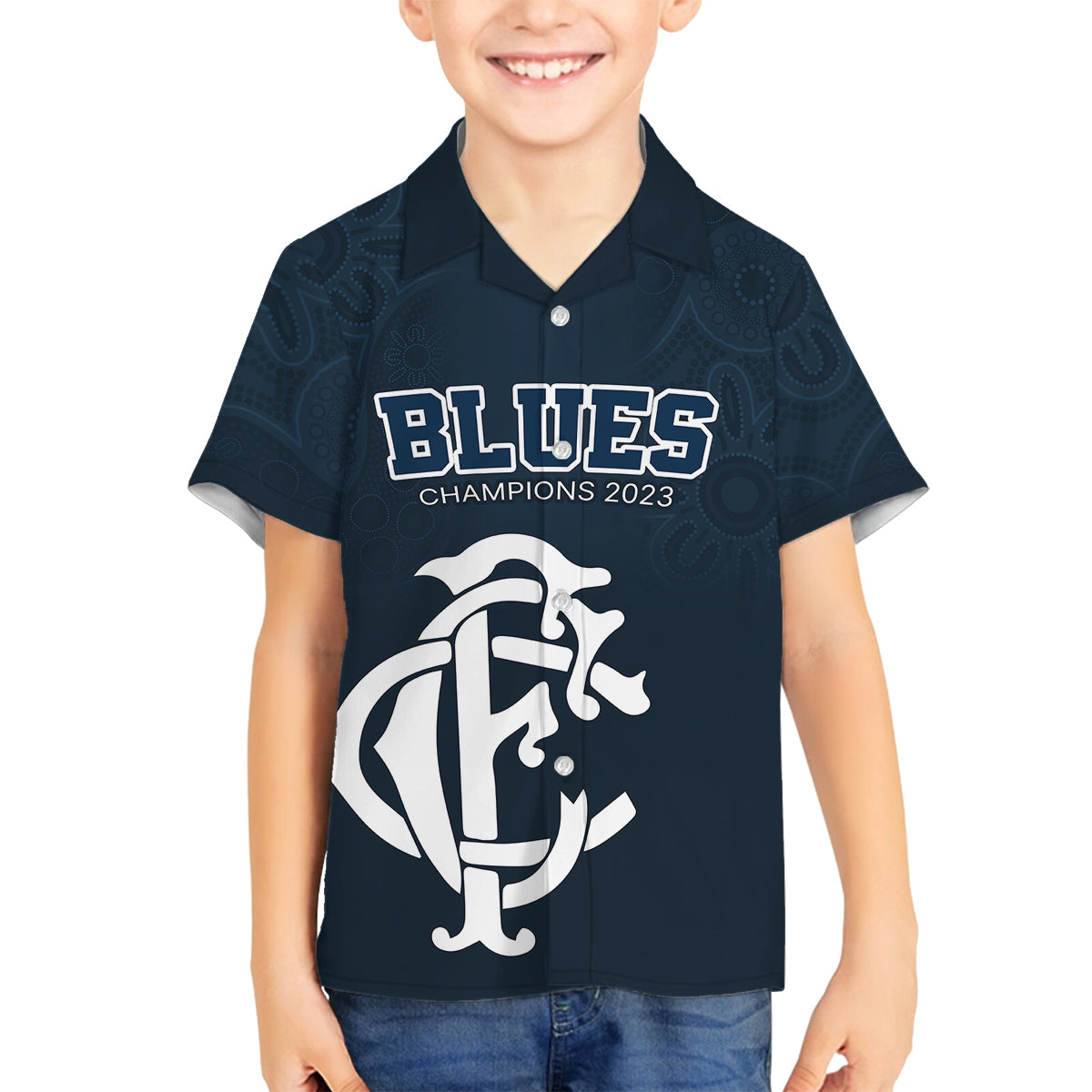 afl-blues-champions-2023-family-matching-off-shoulder-long-sleeve-dress-and-hawaiian-shirt-proud-carlton-aboriginal-vibe