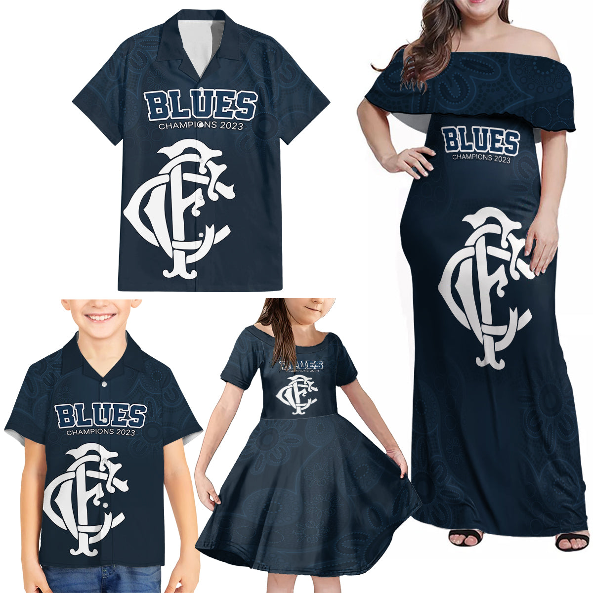 afl-blues-champions-2023-family-matching-off-shoulder-maxi-dress-and-hawaiian-shirt-proud-carlton-aboriginal-vibe