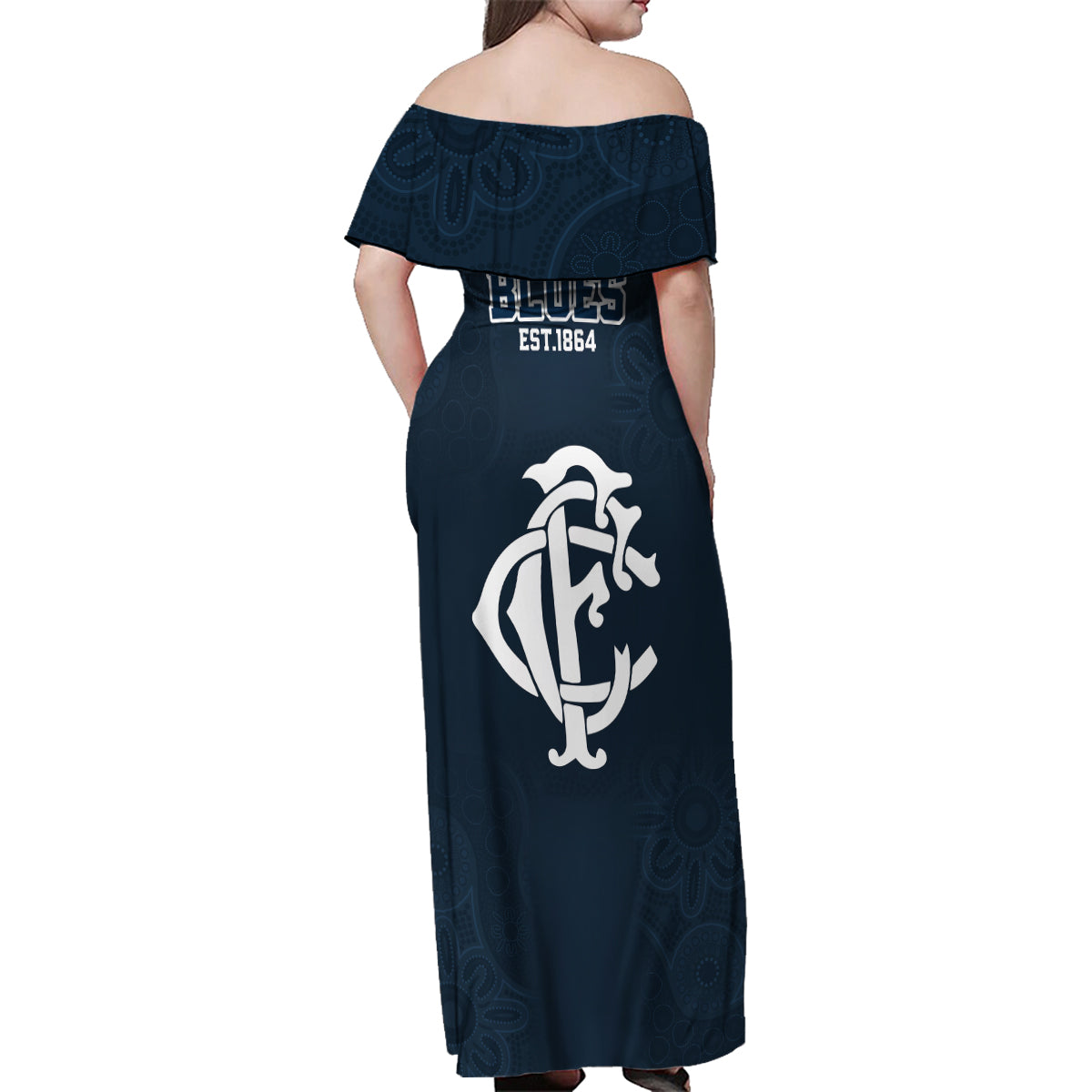 afl-blues-champions-2023-family-matching-off-shoulder-maxi-dress-and-hawaiian-shirt-proud-carlton-aboriginal-vibe