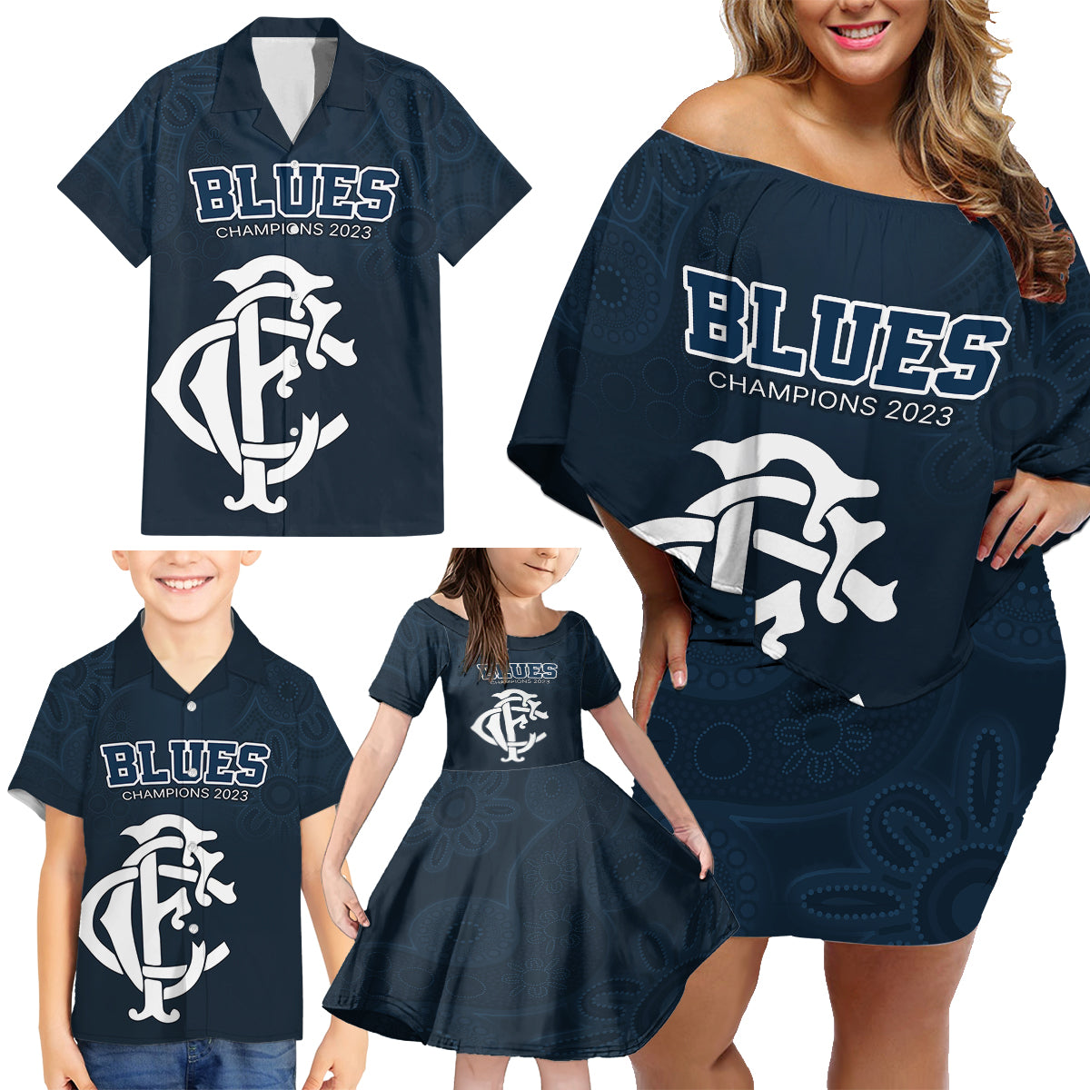 afl-blues-champions-2023-family-matching-off-shoulder-short-dress-and-hawaiian-shirt-proud-carlton-aboriginal-vibe