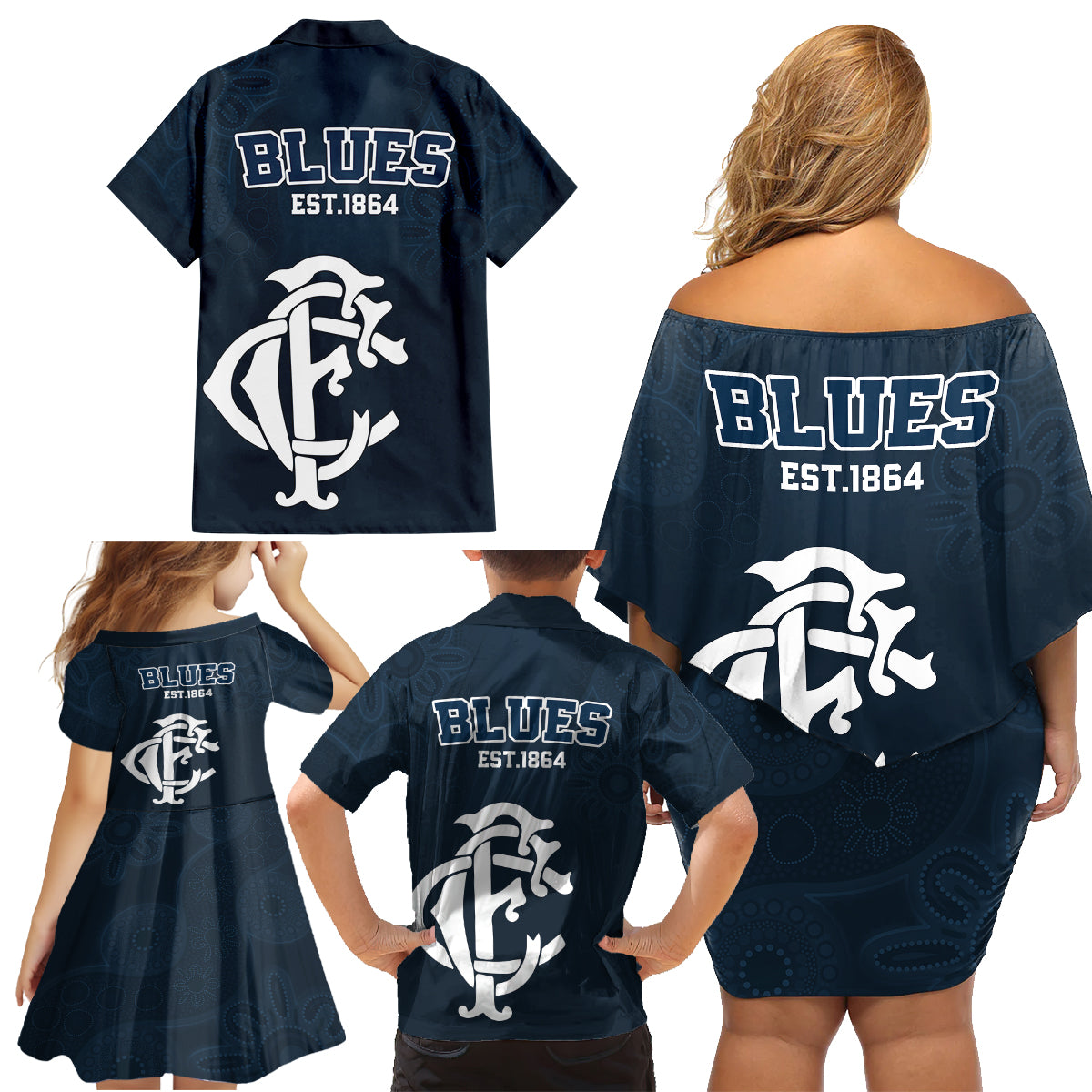 afl-blues-champions-2023-family-matching-off-shoulder-short-dress-and-hawaiian-shirt-proud-carlton-aboriginal-vibe