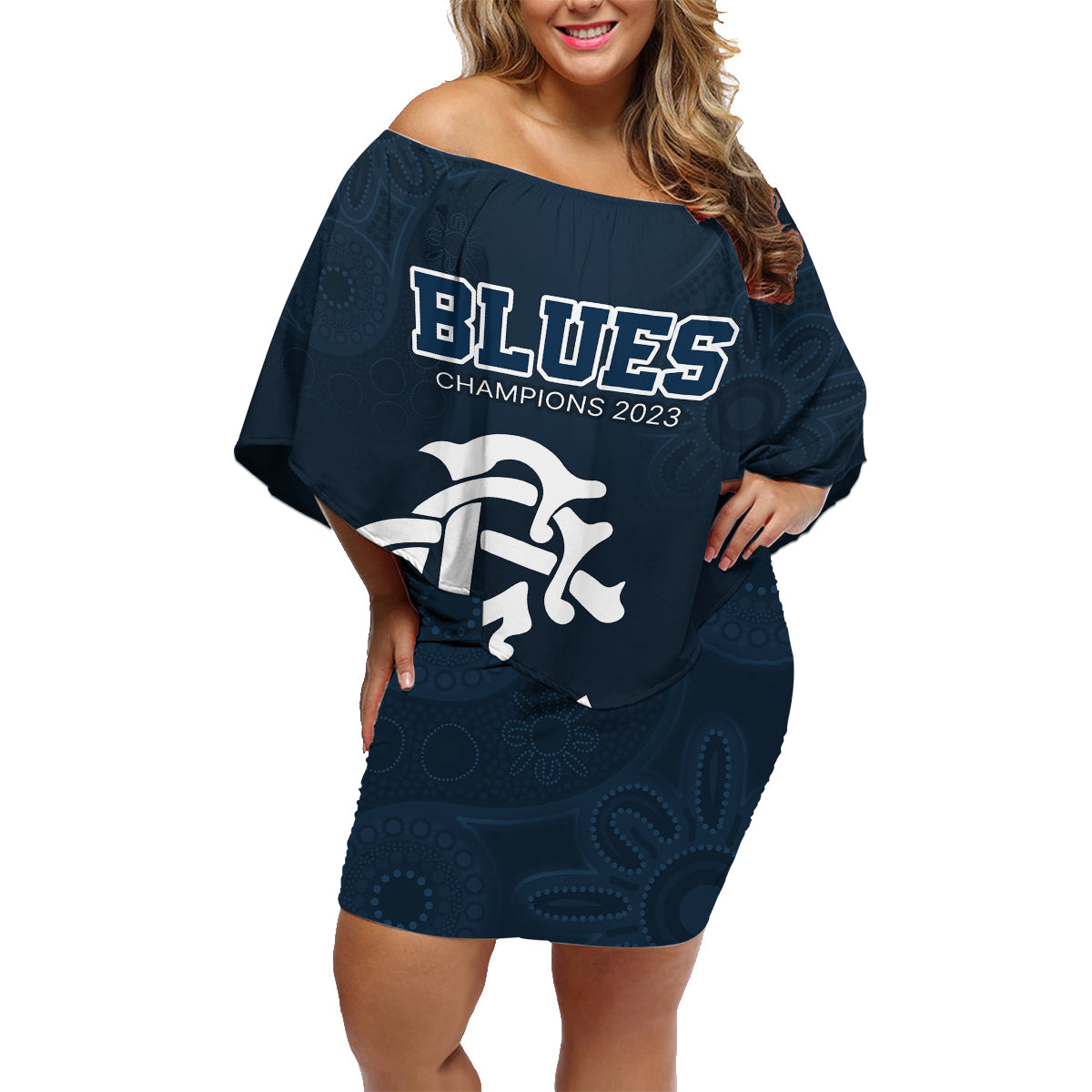 afl-blues-champions-2023-family-matching-off-shoulder-short-dress-and-hawaiian-shirt-proud-carlton-aboriginal-vibe