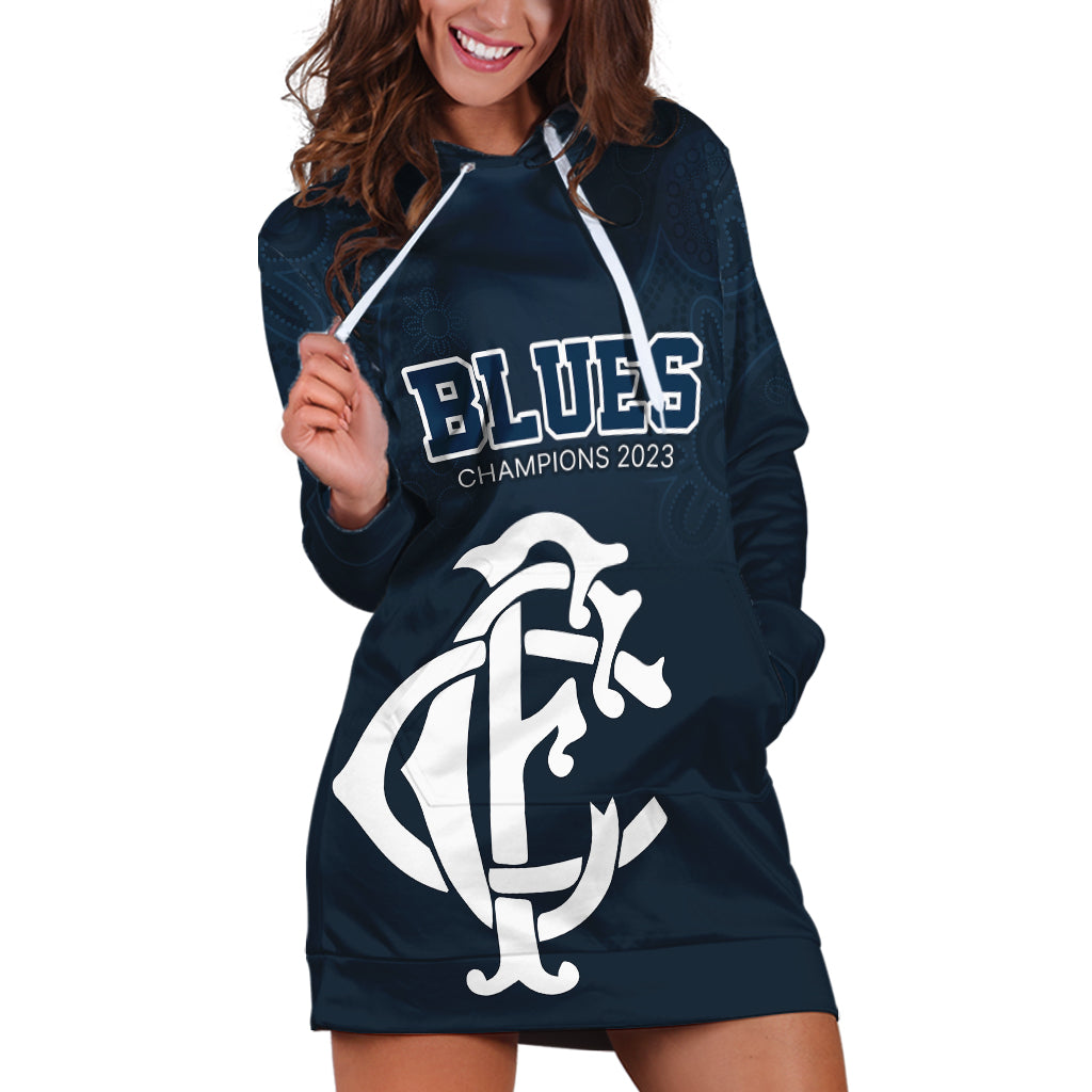 AFL Blues Champions 2023 Hoodie Dress Proud Carlton Aboriginal Vibe - Vibe Hoodie Shop